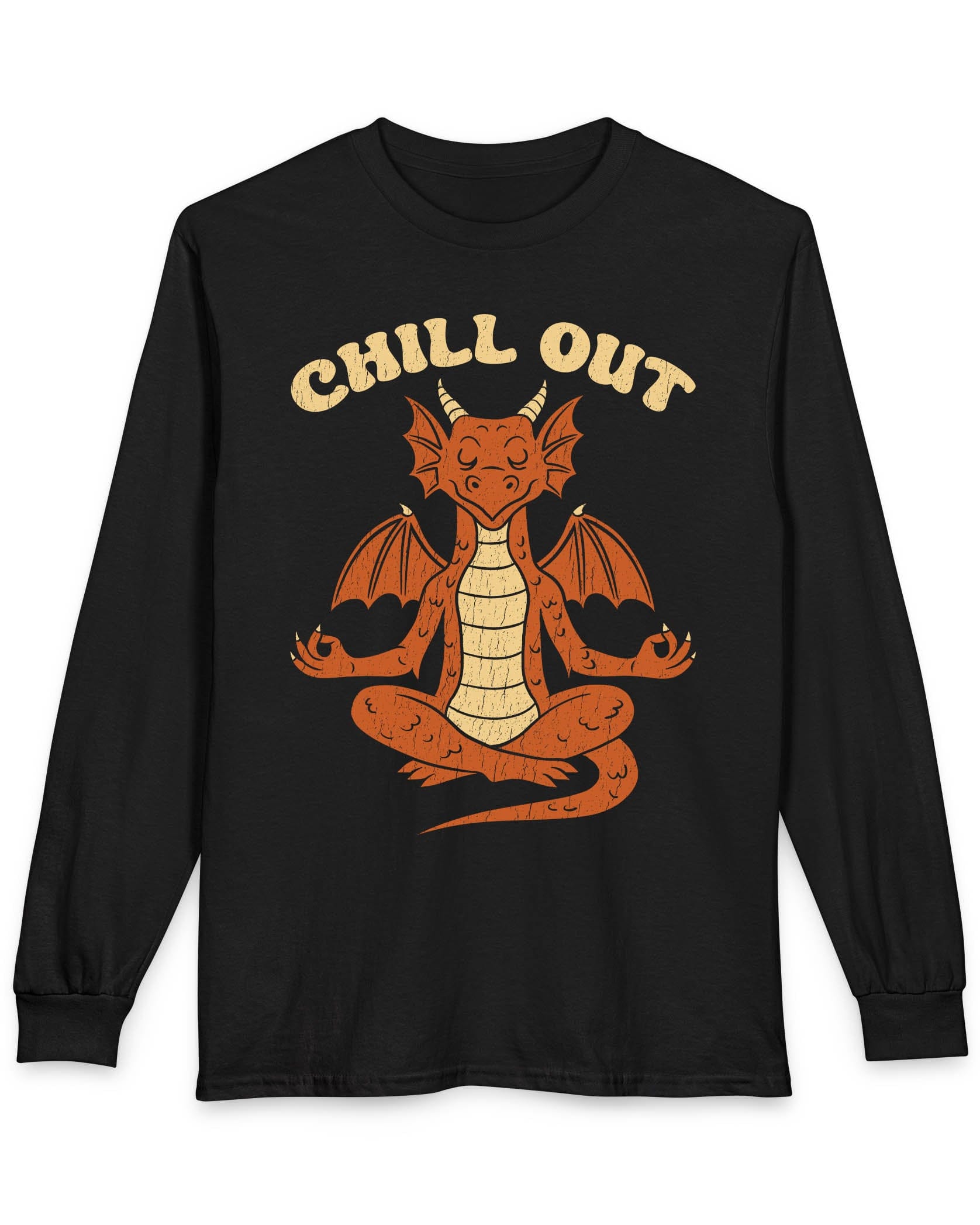 Chill Out shirt in black featuring groovy text and a relaxed dragon meditating with a vintage distressed look.