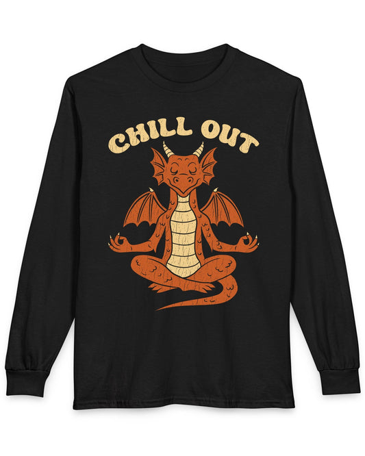 Chill Out shirt in black featuring groovy text and a relaxed dragon meditating with a vintage distressed look.
