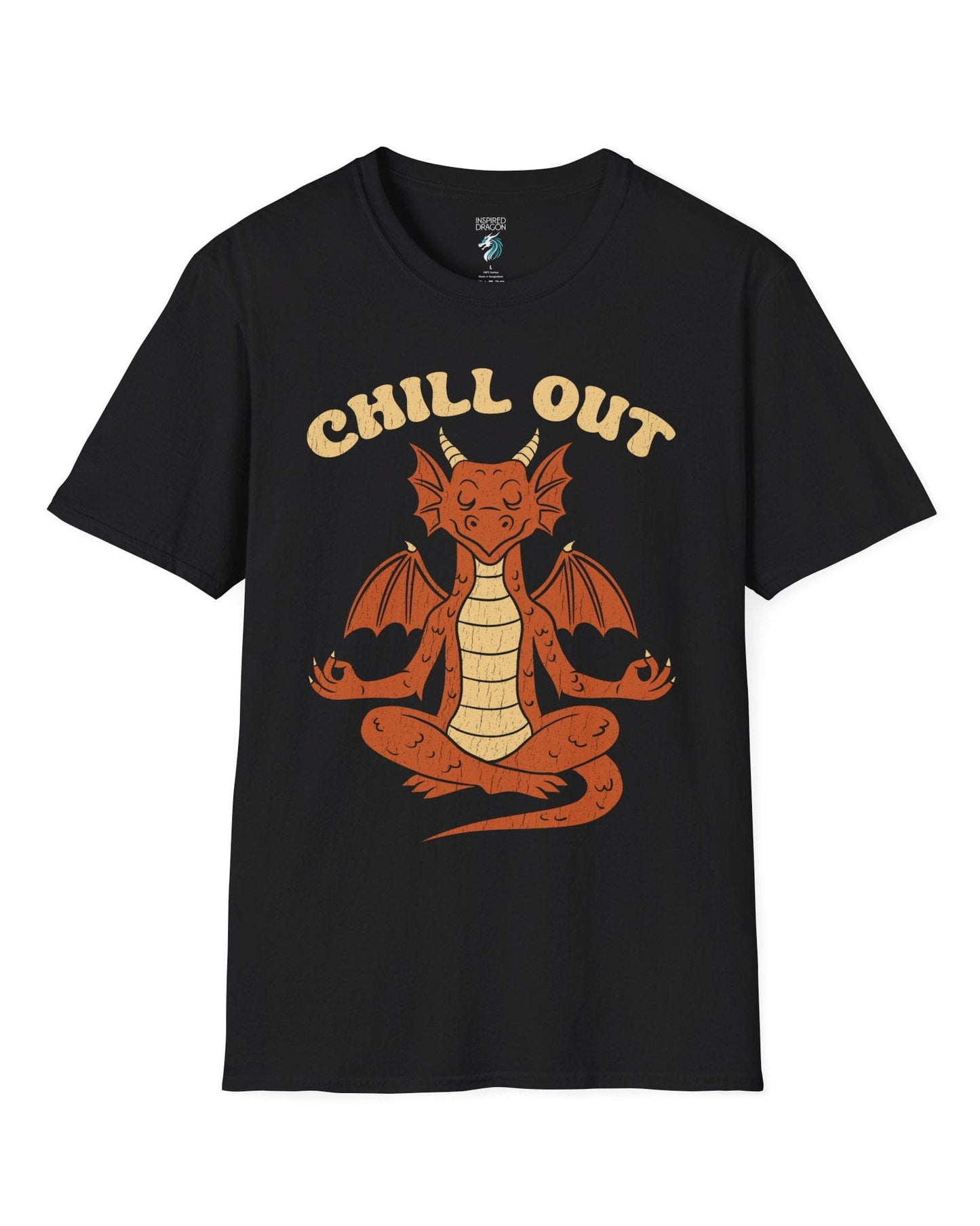 Chill Out shirt in black featuring groovy text and a relaxed dragon meditating with a vintage distressed look.