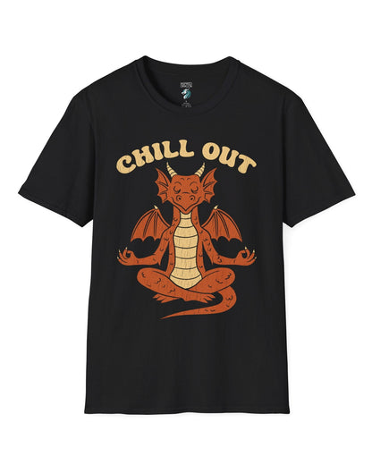 Chill Out shirt in black featuring groovy text and a relaxed dragon meditating with a vintage distressed look.