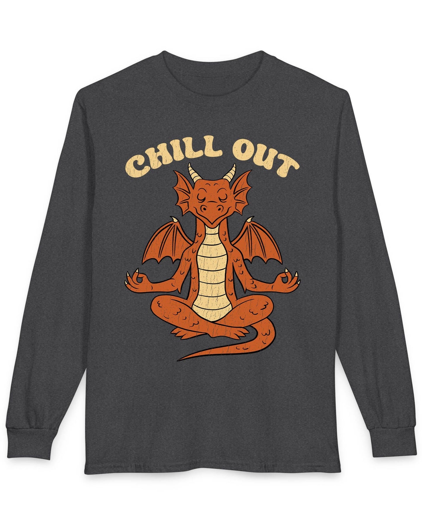 Chill Out shirt in dark heather grey featuring groovy text and a relaxed dragon meditating with a vintage distressed look.