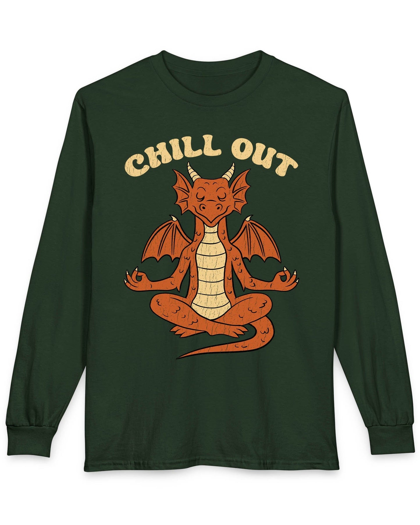 Chill Out shirt in forest green featuring groovy text and a relaxed dragon meditating with a vintage distressed look.