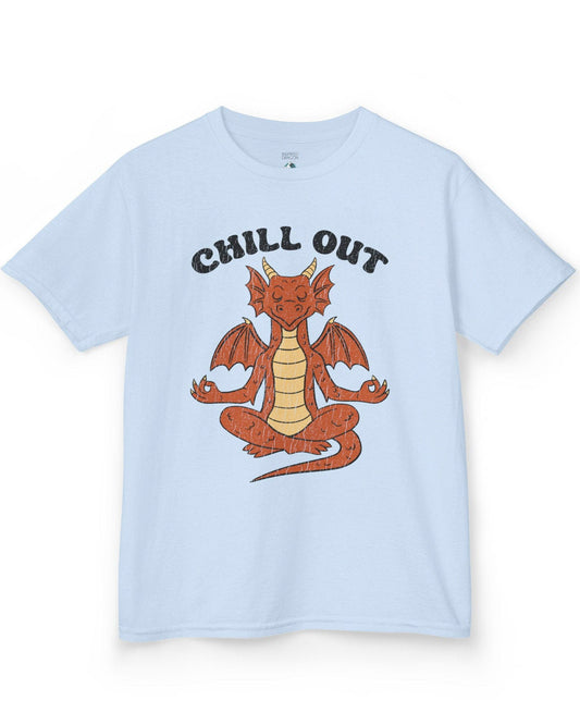 Chill Out shirt in light blue featuring groovy text and a relaxed dragon meditating with a vintage distressed look.