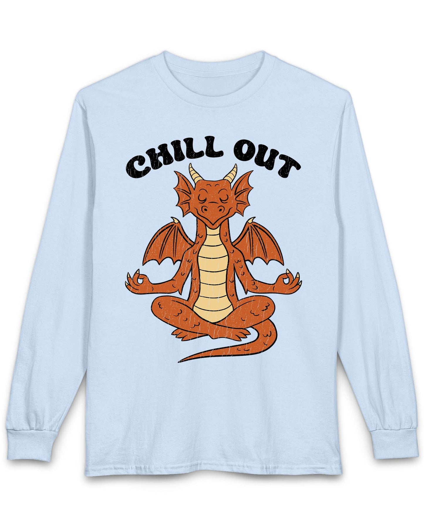 Chill Out shirt in light blue featuring groovy text and a relaxed dragon meditating with a vintage distressed look.