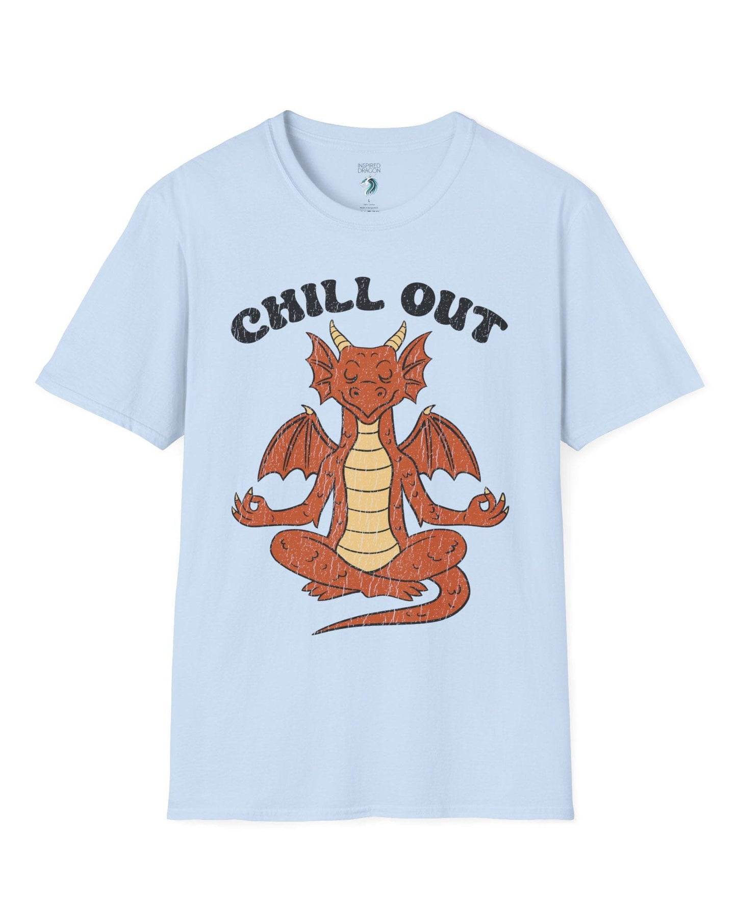 Chill Out shirt in light blue featuring groovy text and a relaxed dragon meditating with a vintage distressed look.