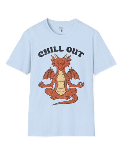 Chill Out shirt in light blue featuring groovy text and a relaxed dragon meditating with a vintage distressed look.