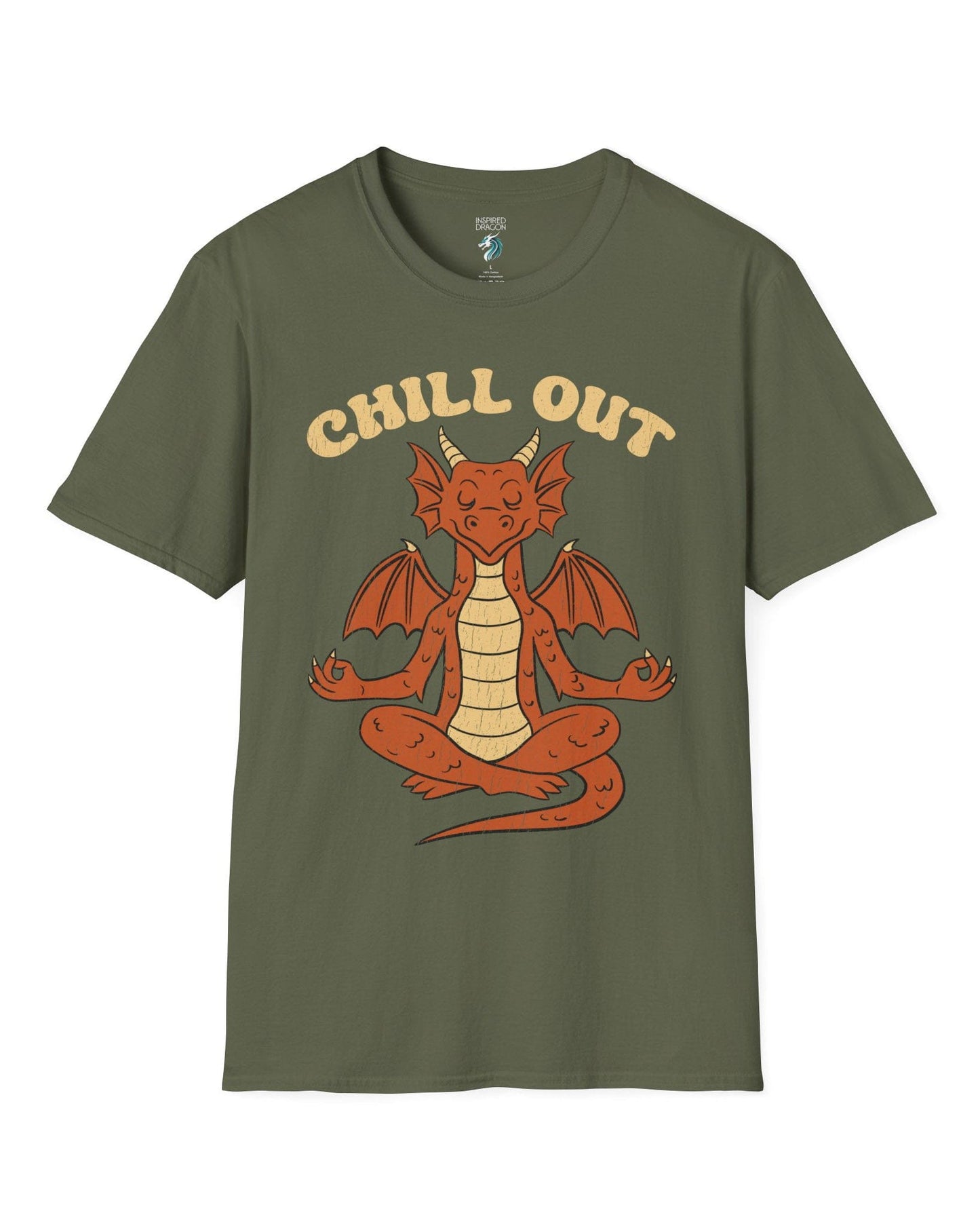 Chill Out shirt in military green featuring groovy text and a relaxed dragon meditating with a vintage distressed look.