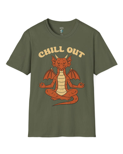 Chill Out shirt in military green featuring groovy text and a relaxed dragon meditating with a vintage distressed look.