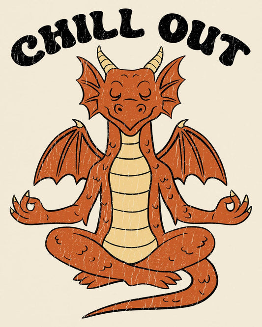Chill Out shirt in natural featuring groovy text and a relaxed dragon meditating with a vintage distressed look.