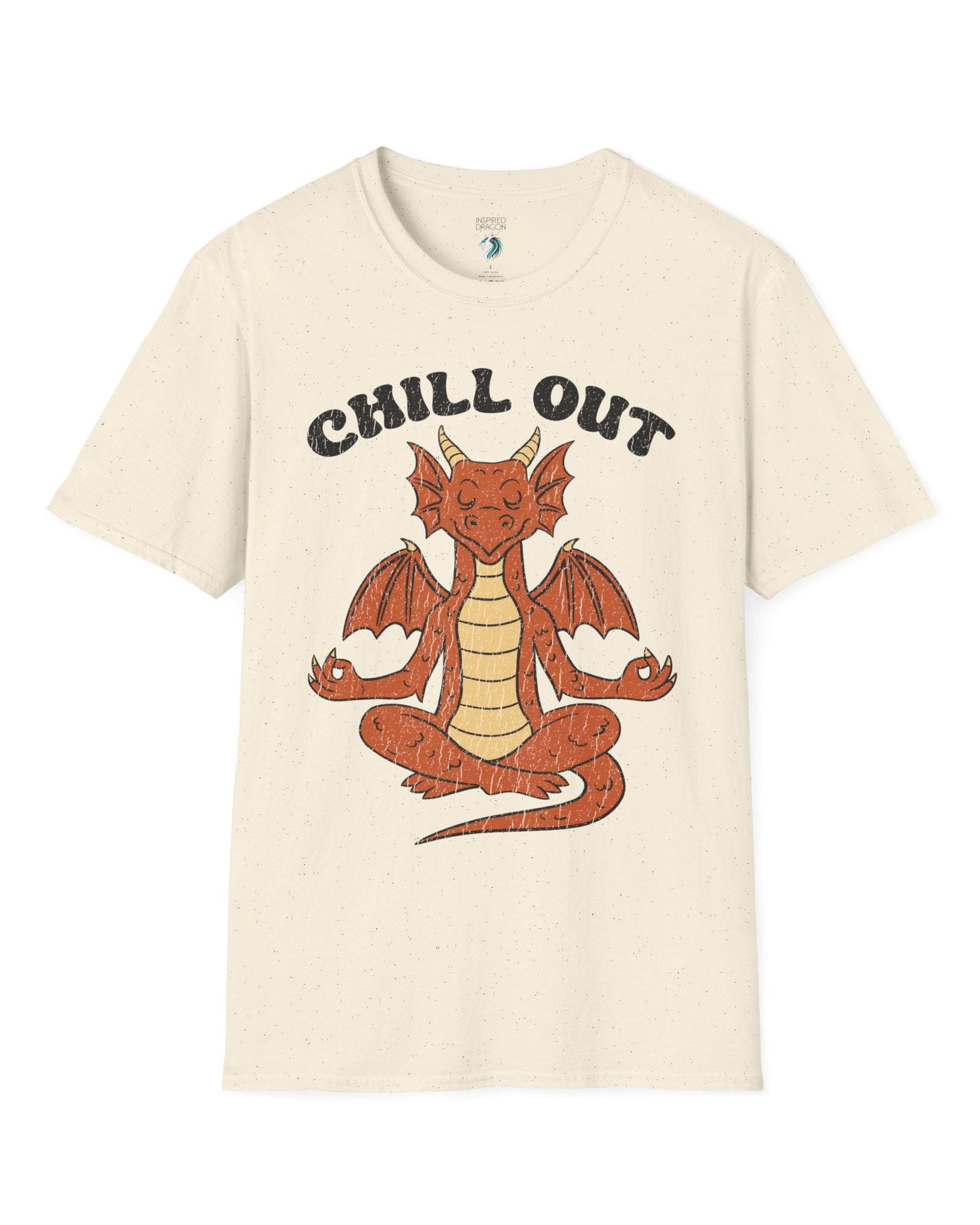 Chill Out shirt in natural featuring groovy text and a relaxed dragon meditating with a vintage distressed look.