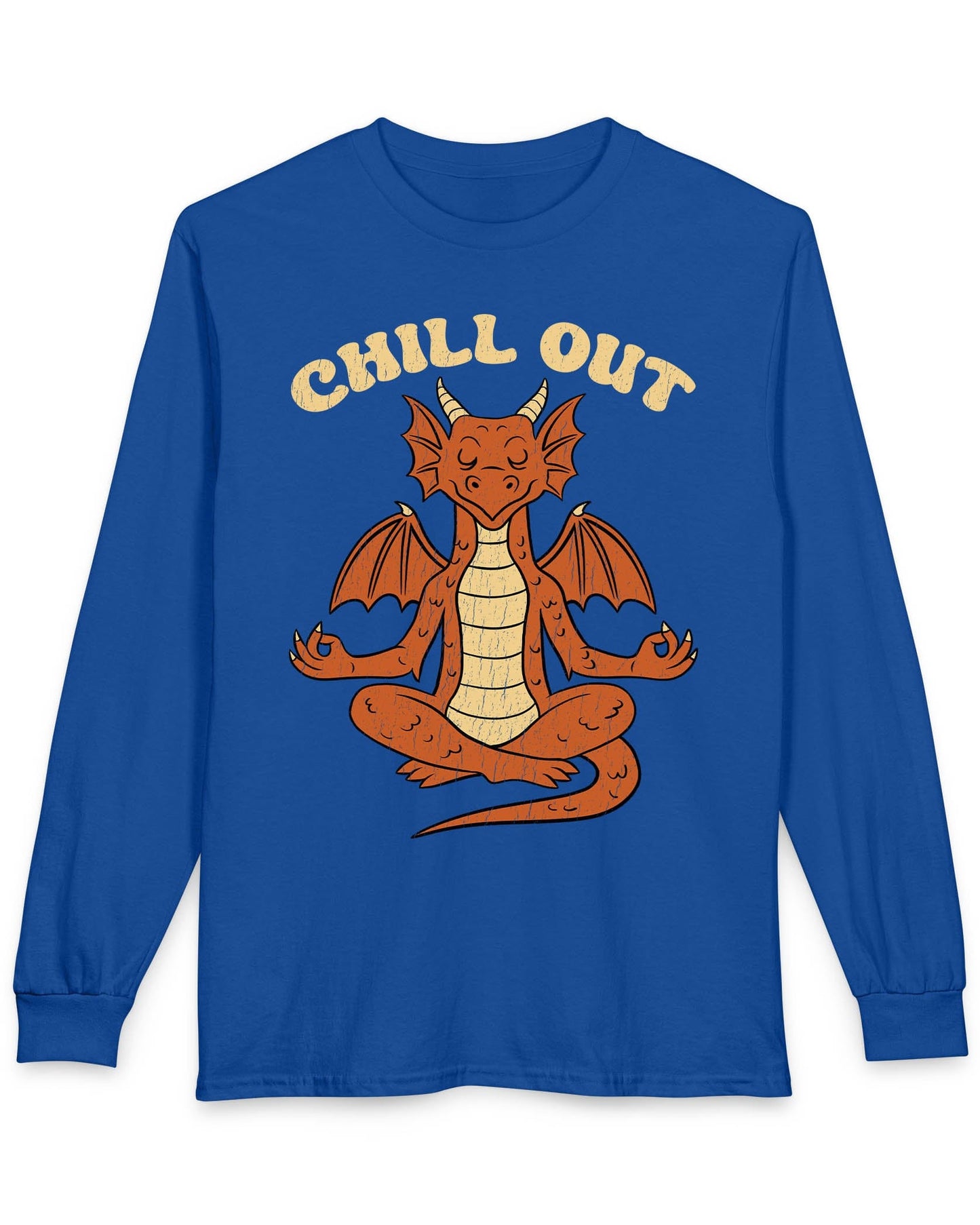 Chill Out shirt in royal blue featuring groovy text and a relaxed dragon meditating with a vintage distressed look.