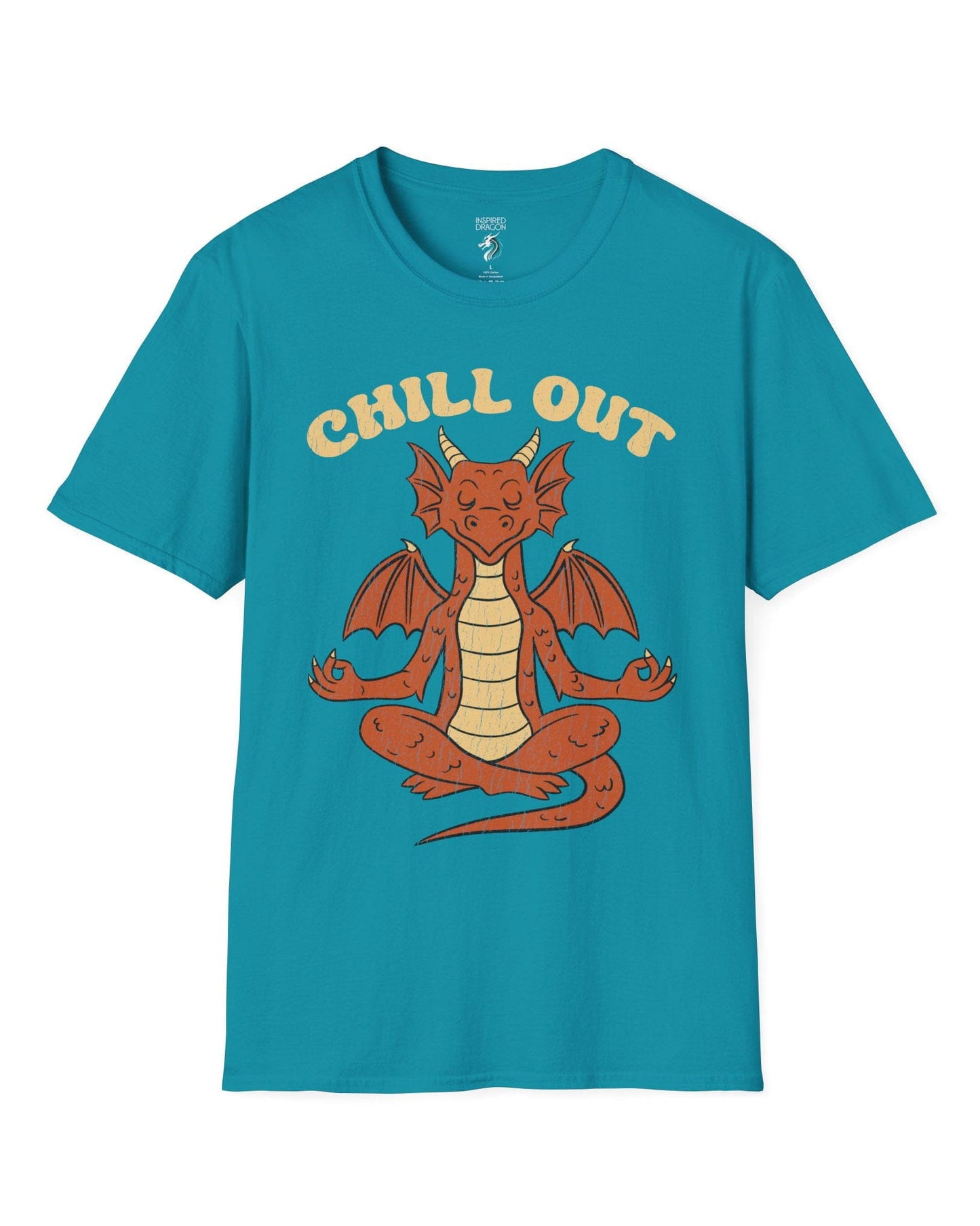 Chill Out shirt in tropical blue featuring groovy text and a relaxed dragon meditating with a vintage distressed look.