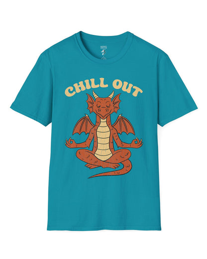 Chill Out shirt in tropical blue featuring groovy text and a relaxed dragon meditating with a vintage distressed look.
