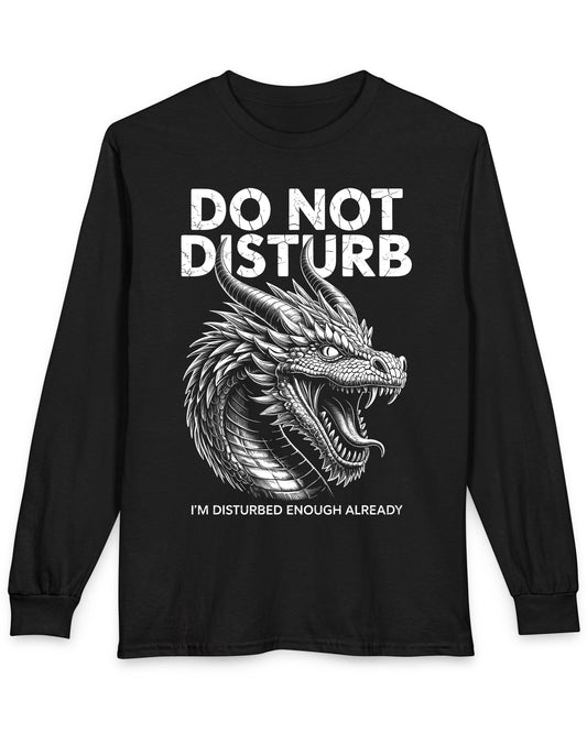 Do Not Disturb shirt in black featuring a fierce roaring dragon with cracked-text lettering.