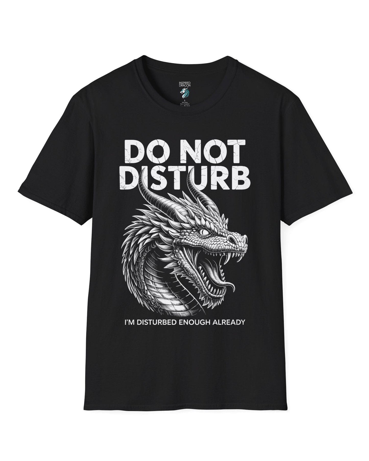 Do Not Disturb shirt in black featuring a fierce roaring dragon with cracked-text lettering.