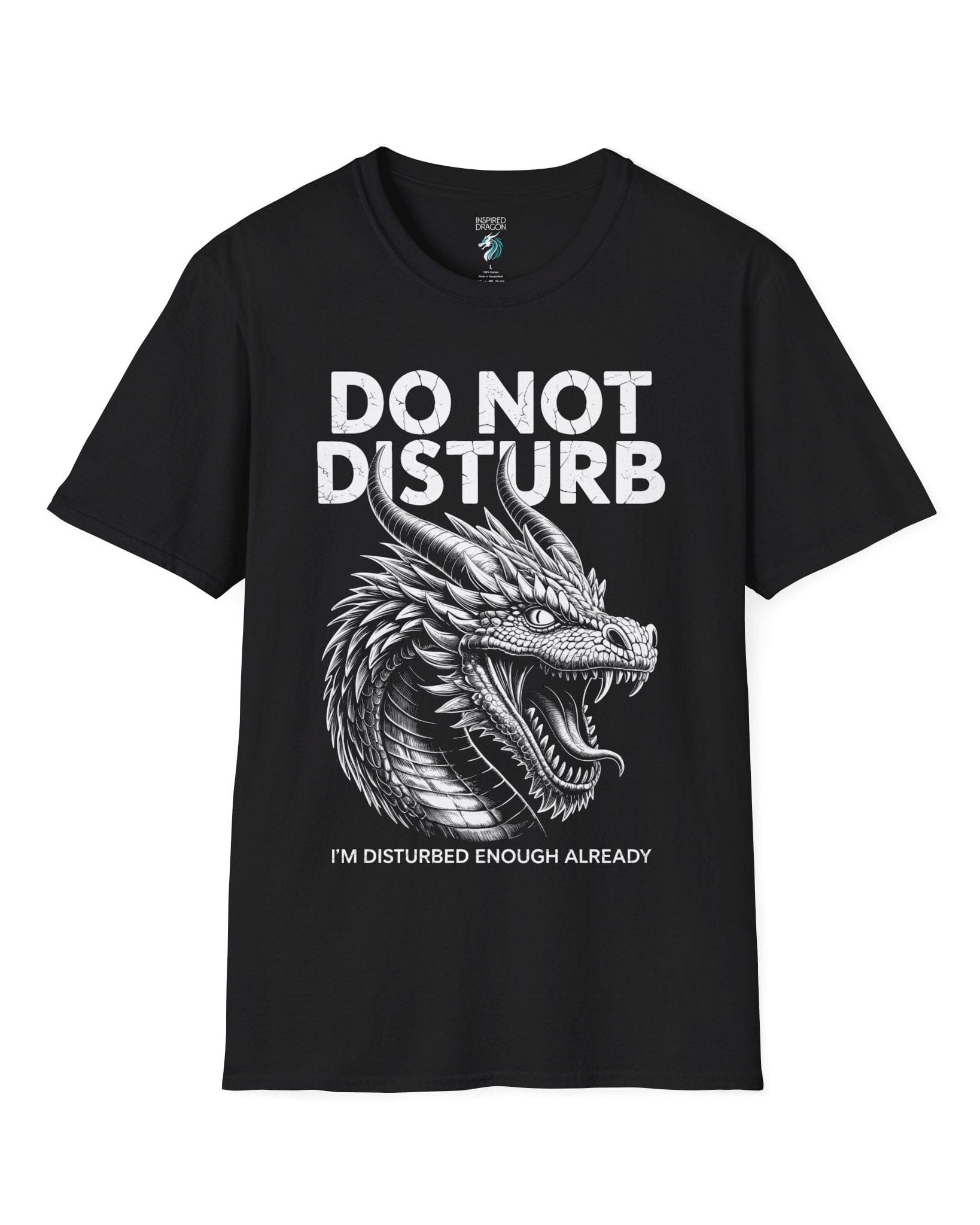 Do Not Disturb shirt in black featuring a fierce roaring dragon with cracked-text lettering.