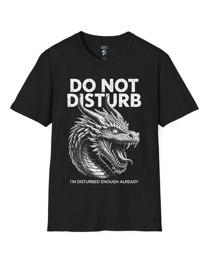 Do Not Disturb shirt in black featuring a fierce roaring dragon with cracked-text lettering.