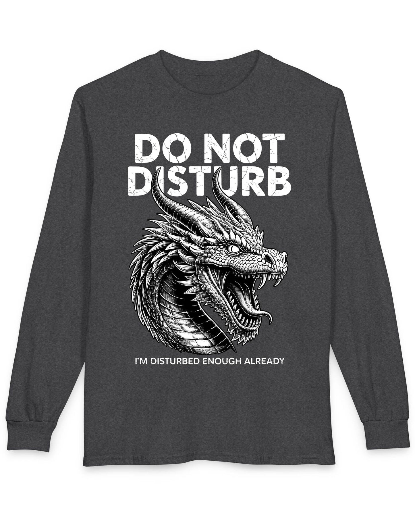 Do Not Disturb shirt in dark heather grey featuring a fierce roaring dragon with cracked-text lettering.