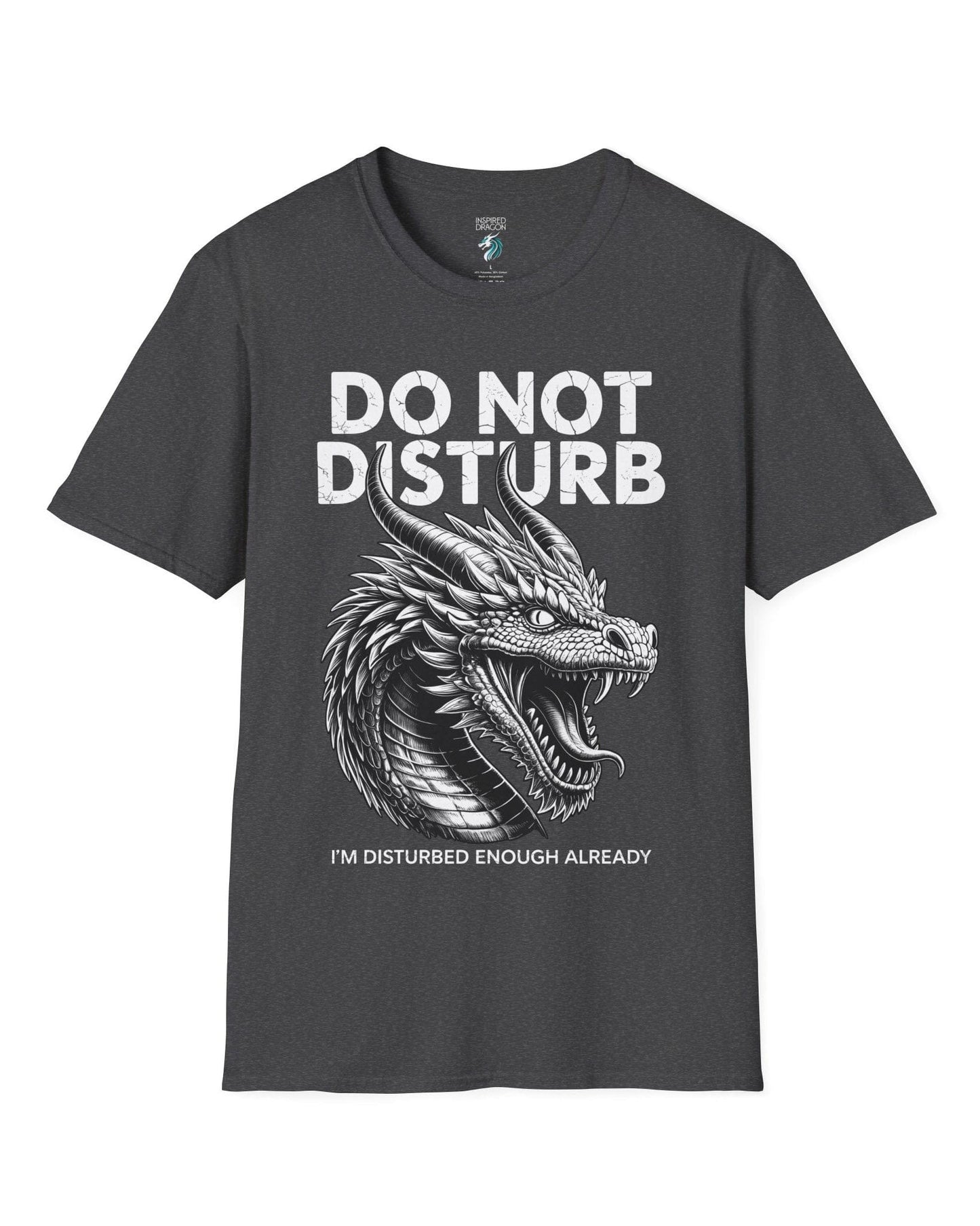 Do Not Disturb shirt in dark heather grey featuring a fierce roaring dragon with cracked-text lettering.