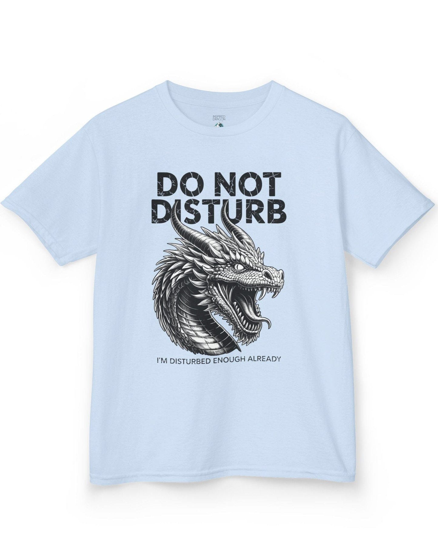 Do Not Disturb shirt in light blue featuring a fierce roaring dragon with cracked-text lettering.