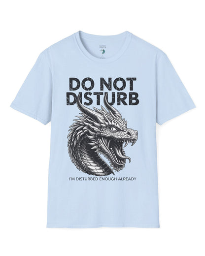 Do Not Disturb shirt in light blue featuring a fierce roaring dragon with cracked-text lettering.