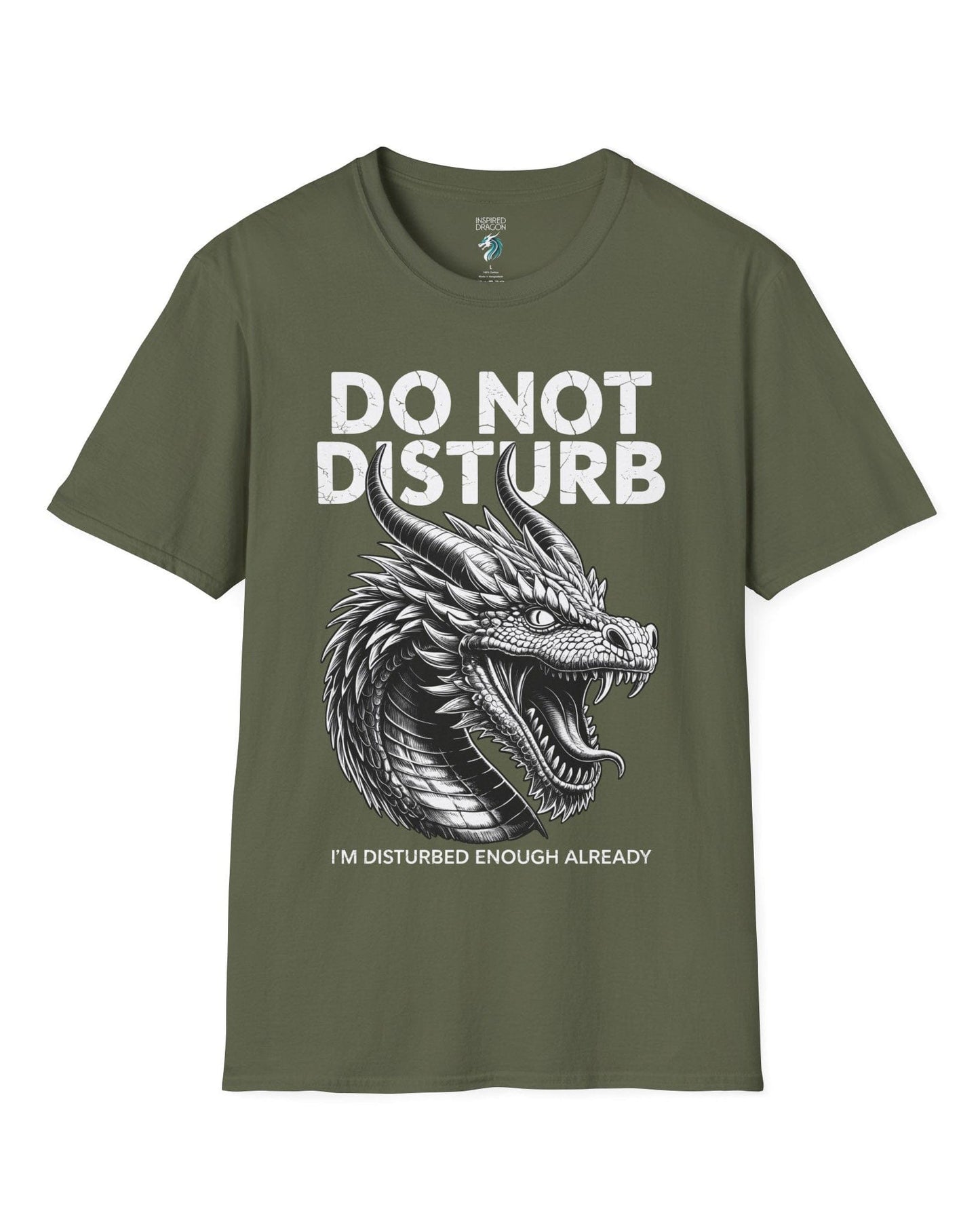 Do Not Disturb shirt in military green featuring a fierce roaring dragon with cracked-text lettering.