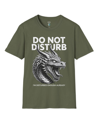 Do Not Disturb shirt in military green featuring a fierce roaring dragon with cracked-text lettering.