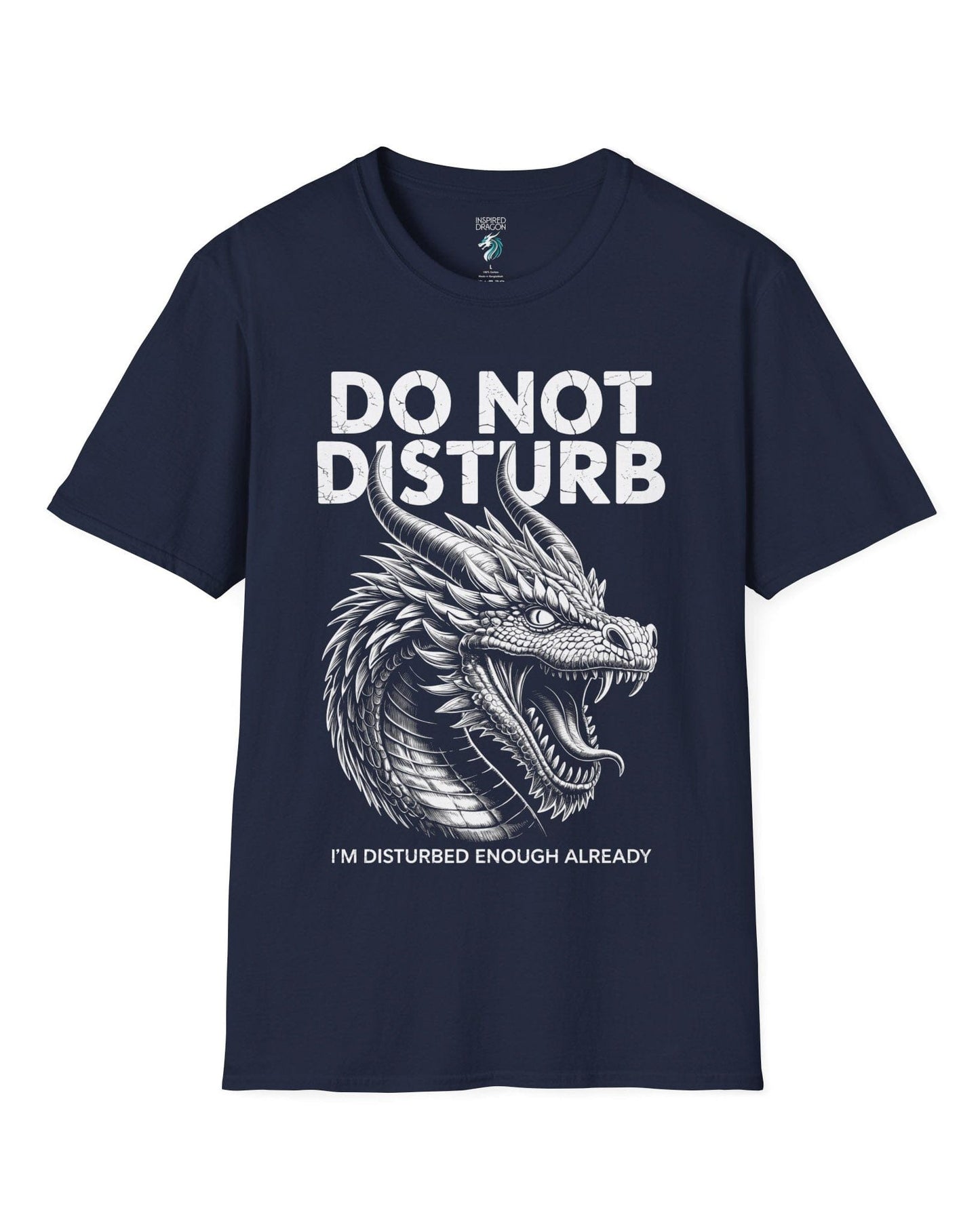 Do Not Disturb shirt in navy featuring a fierce roaring dragon with cracked-text lettering.