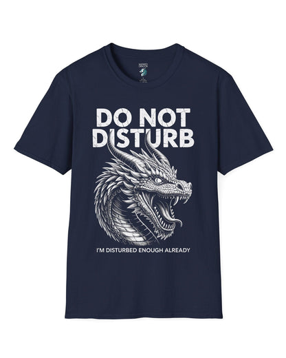 Do Not Disturb shirt in navy featuring a fierce roaring dragon with cracked-text lettering.
