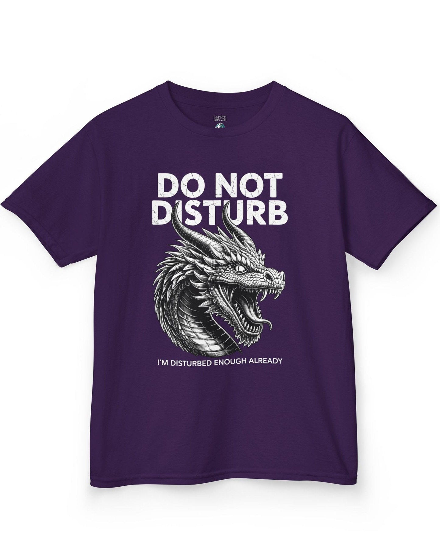 Do Not Disturb shirt in purple featuring a fierce roaring dragon with cracked-text lettering.