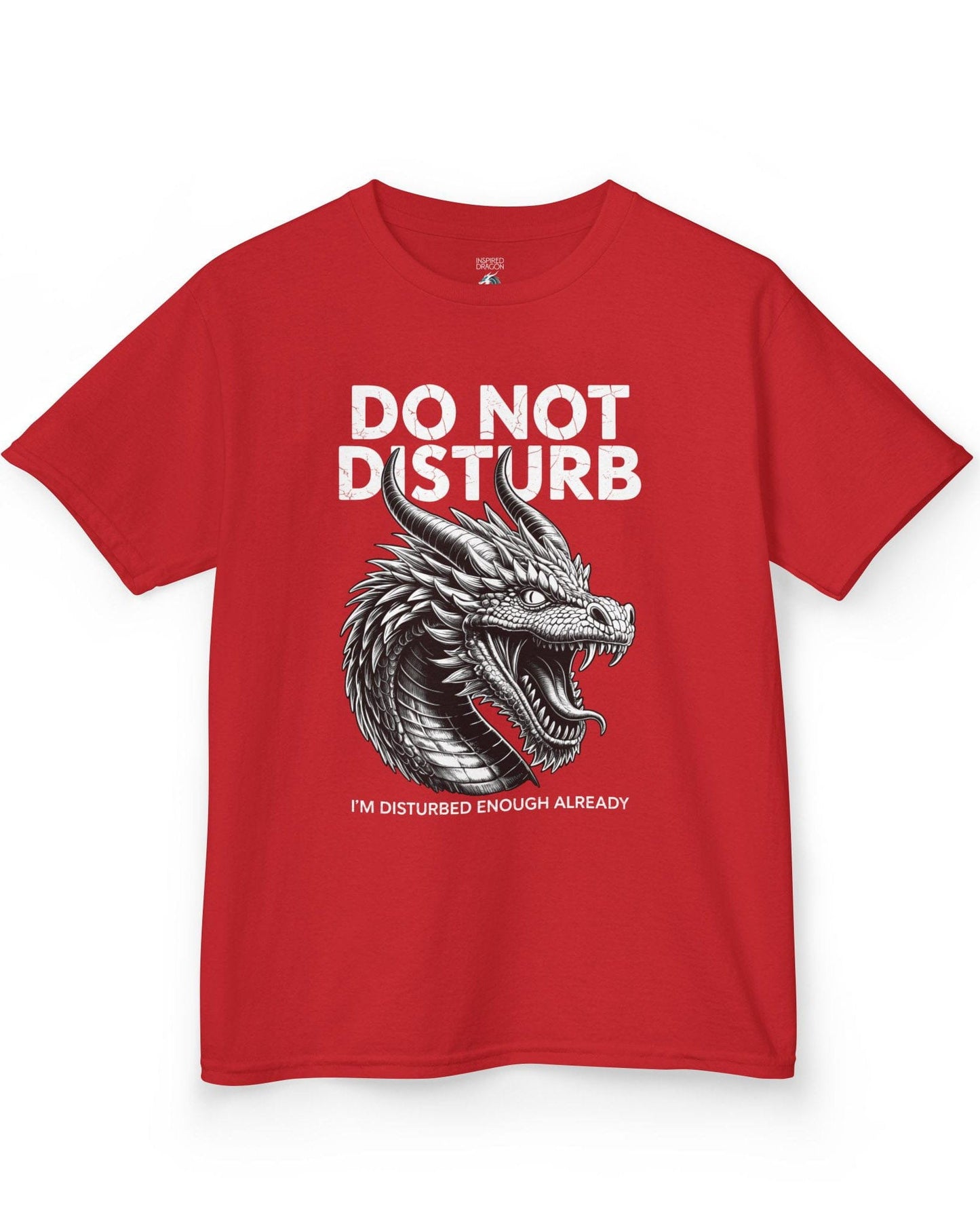 Do Not Disturb shirt in red featuring a fierce roaring dragon with cracked-text lettering.