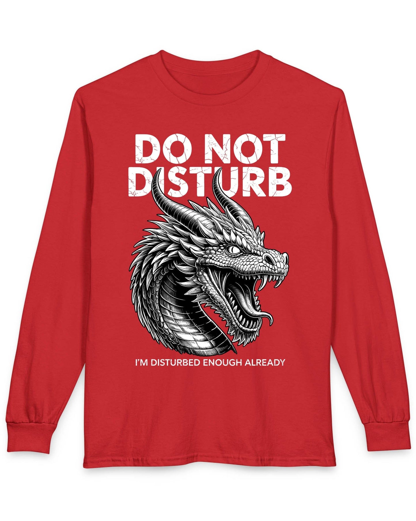 Do Not Disturb shirt in red featuring a fierce roaring dragon with cracked-text lettering.