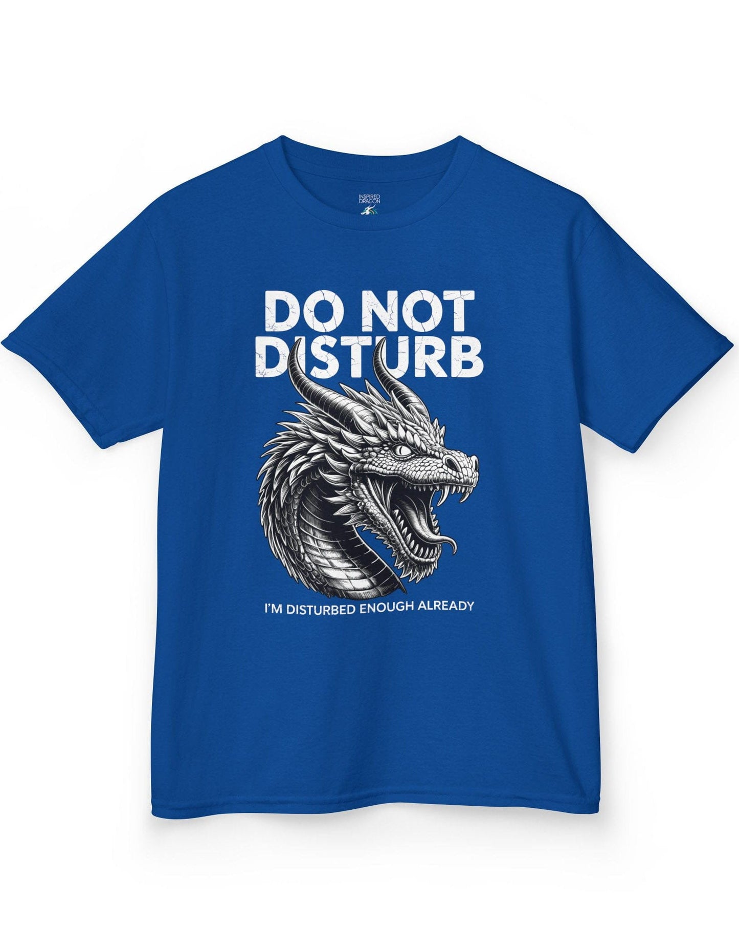 Do Not Disturb shirt in royal blue featuring a fierce roaring dragon with cracked-text lettering.