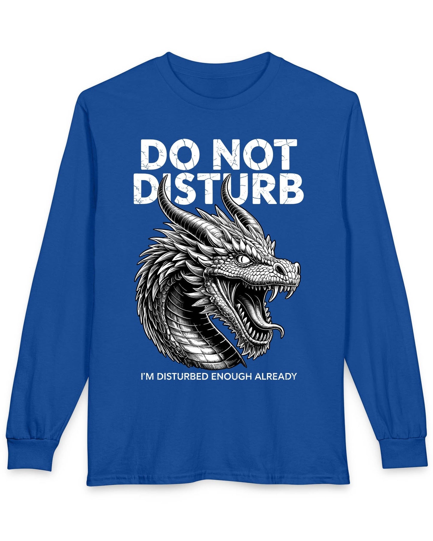 Do Not Disturb shirt in royal blue featuring a fierce roaring dragon with cracked-text lettering.