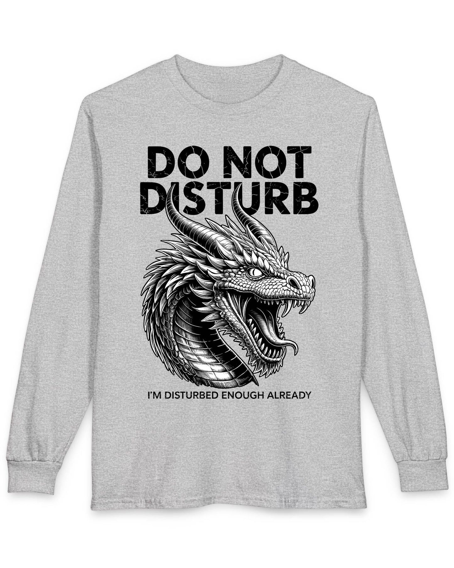 Do Not Disturb shirt in sport grey featuring a fierce roaring dragon with cracked-text lettering.