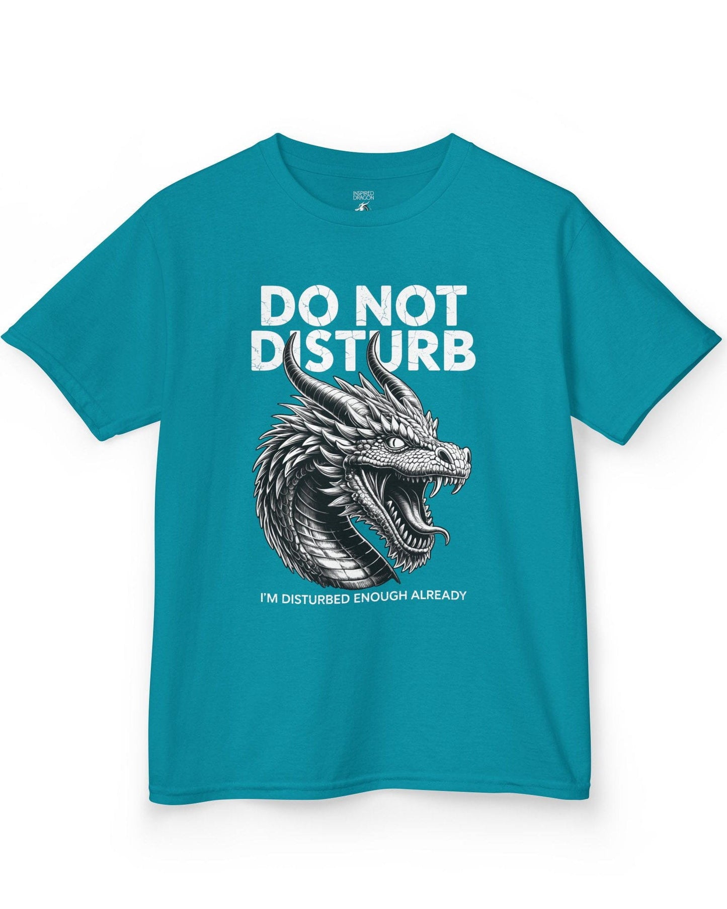 Do Not Disturb shirt in tropical blue featuring a fierce roaring dragon with cracked-text lettering.