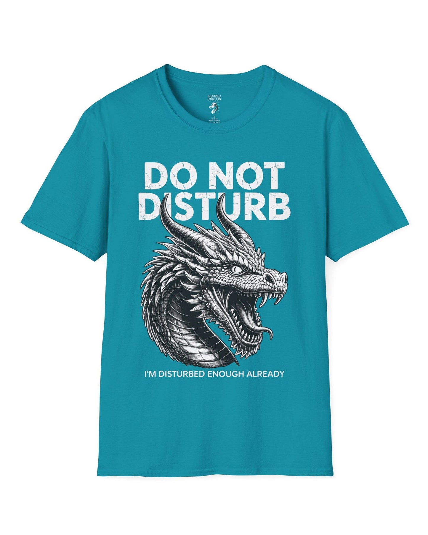 Do Not Disturb shirt in tropical blue featuring a fierce roaring dragon with cracked-text lettering.