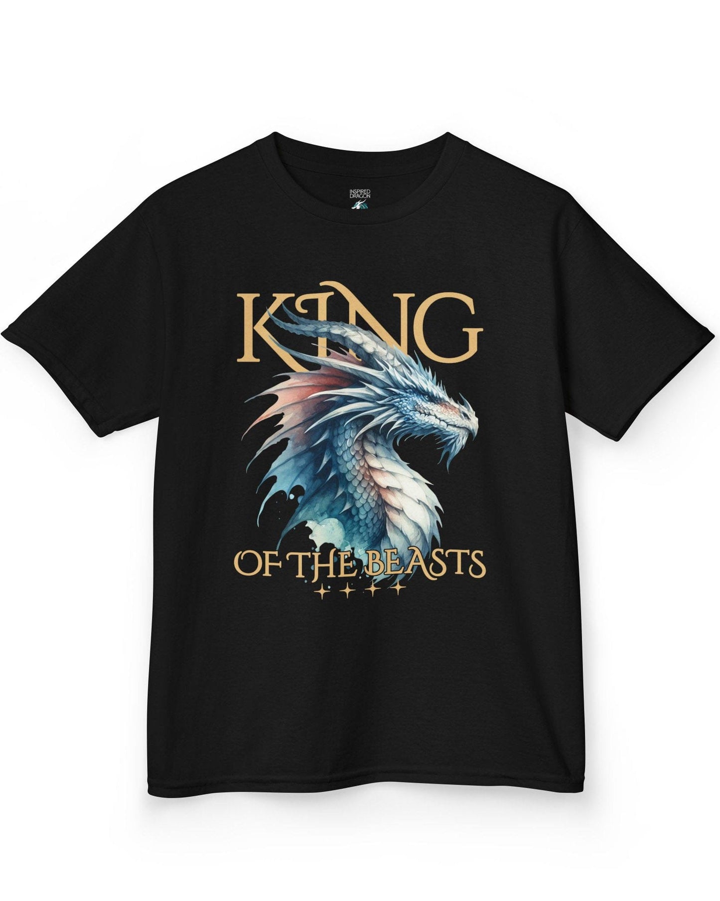 King of the Beasts shirt in black featuring a regal blue and white dragon in watercolor style.