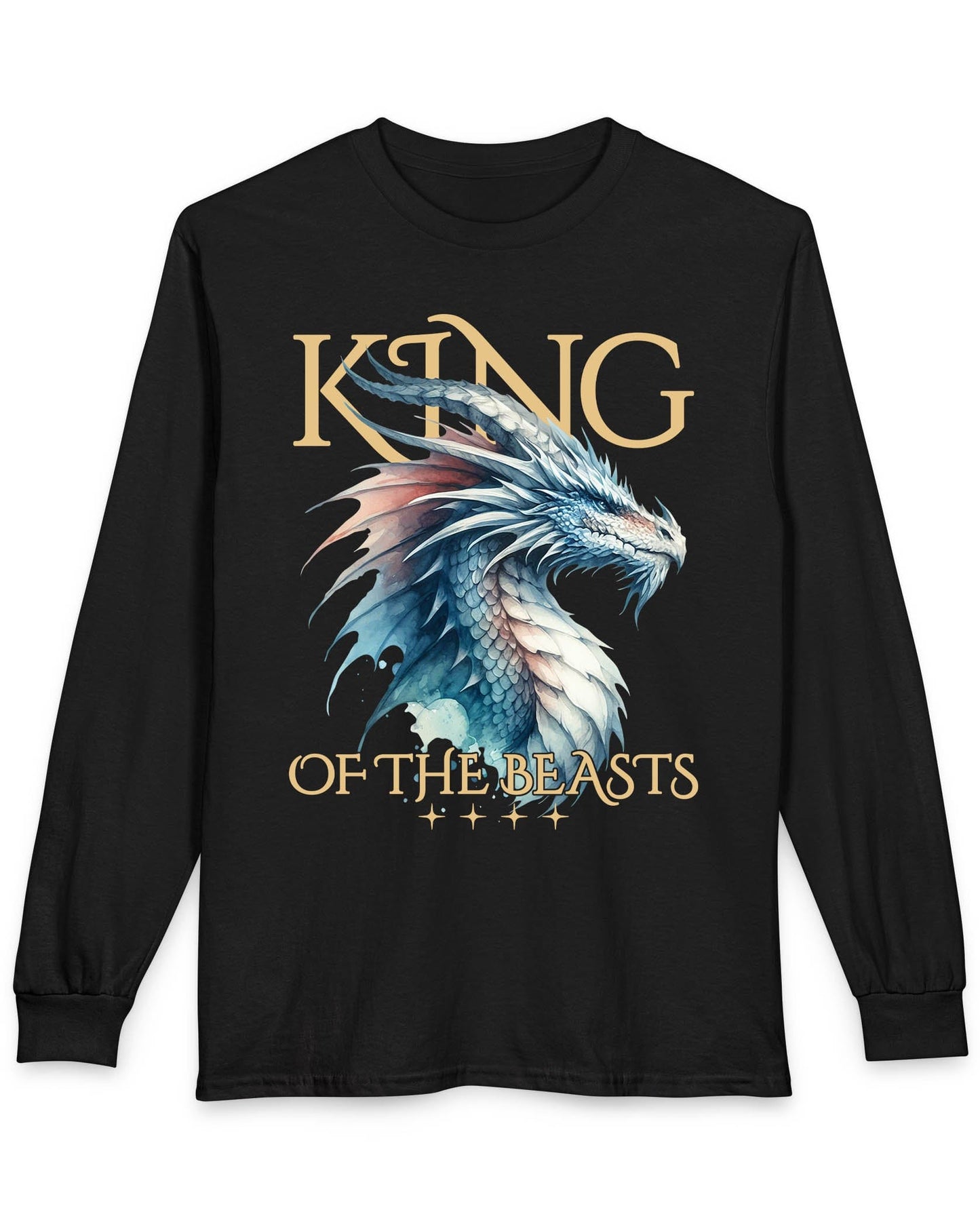 King of the Beasts shirt in black featuring a regal blue and white dragon in watercolor style