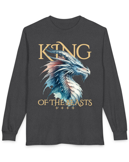 King of the Beasts shirt in dark heather featuring a regal blue and white dragon in watercolor style