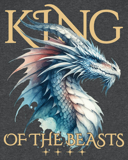 King of the Beasts shirt in dark heather grey featuring a regal blue and white dragon in watercolor style.