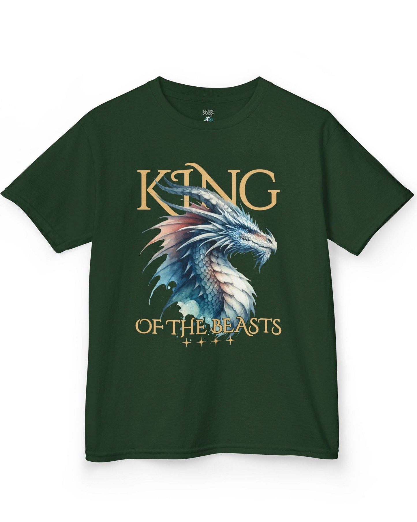 King of the Beasts shirt in forest green featuring a regal blue and white dragon in watercolor style.