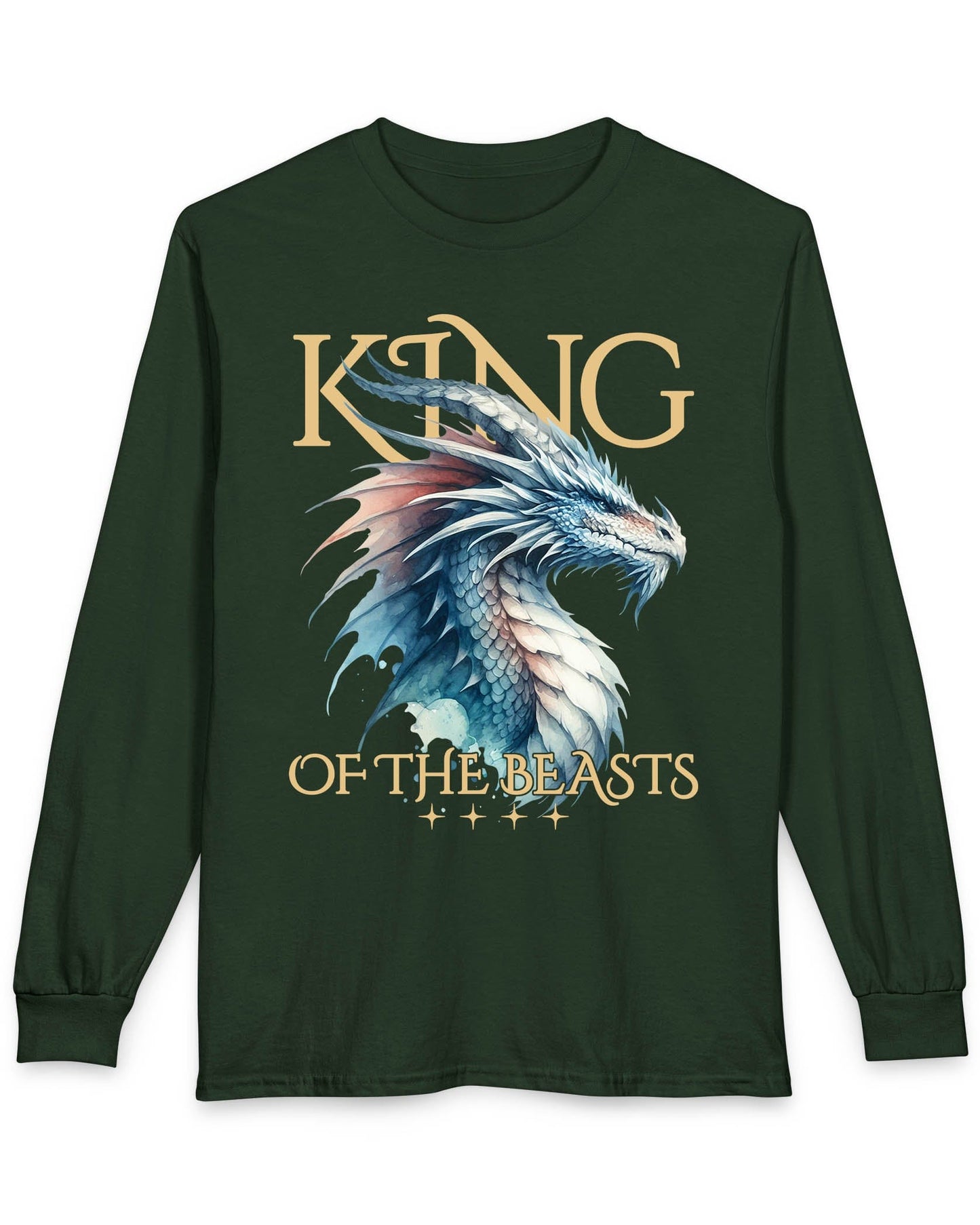 King of the Beasts shirt in forest green featuring a regal blue and white dragon in watercolor style