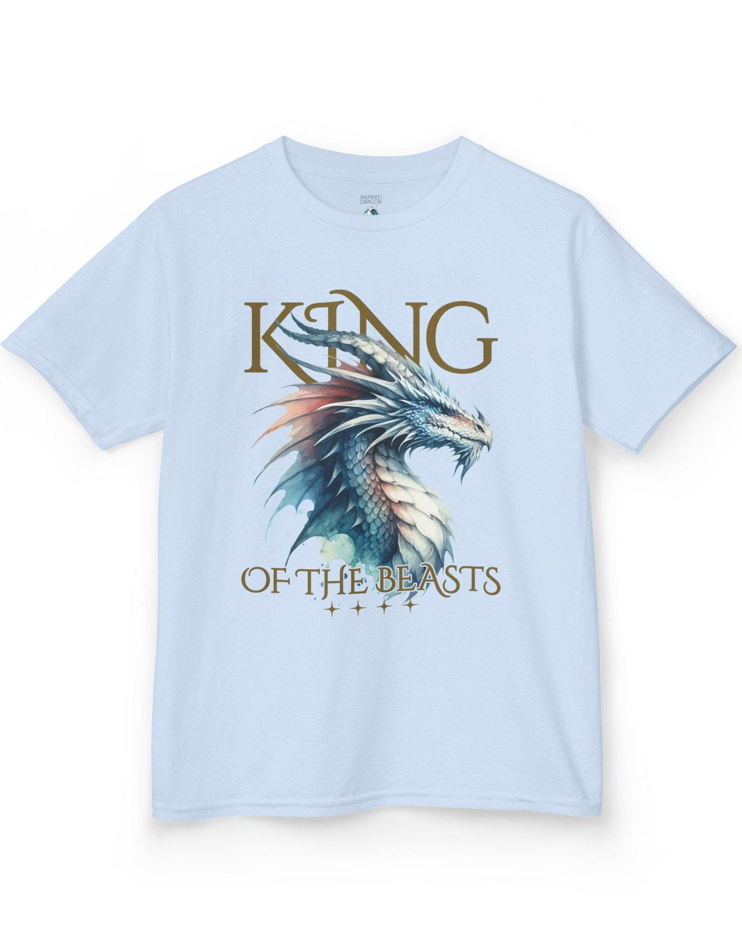 King of the Beasts shirt in light blue featuring a regal blue and white dragon in watercolor style.
