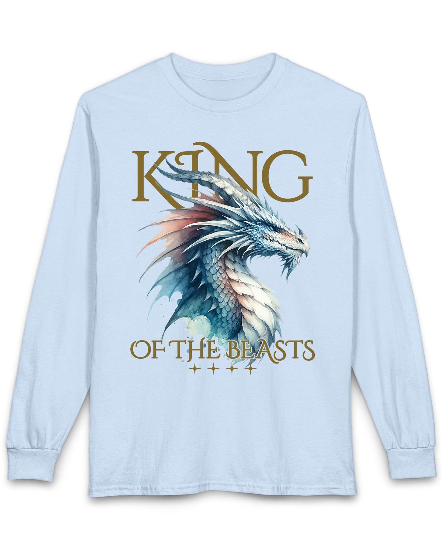 King of the Beasts shirt in light blue featuring a regal blue and white dragon in watercolor style