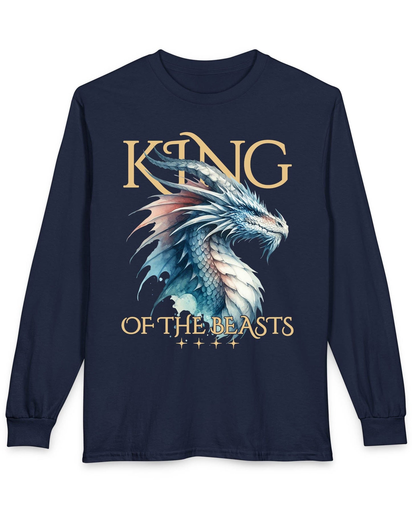 King of the Beasts shirt in navy featuring a regal blue and white dragon in watercolor style