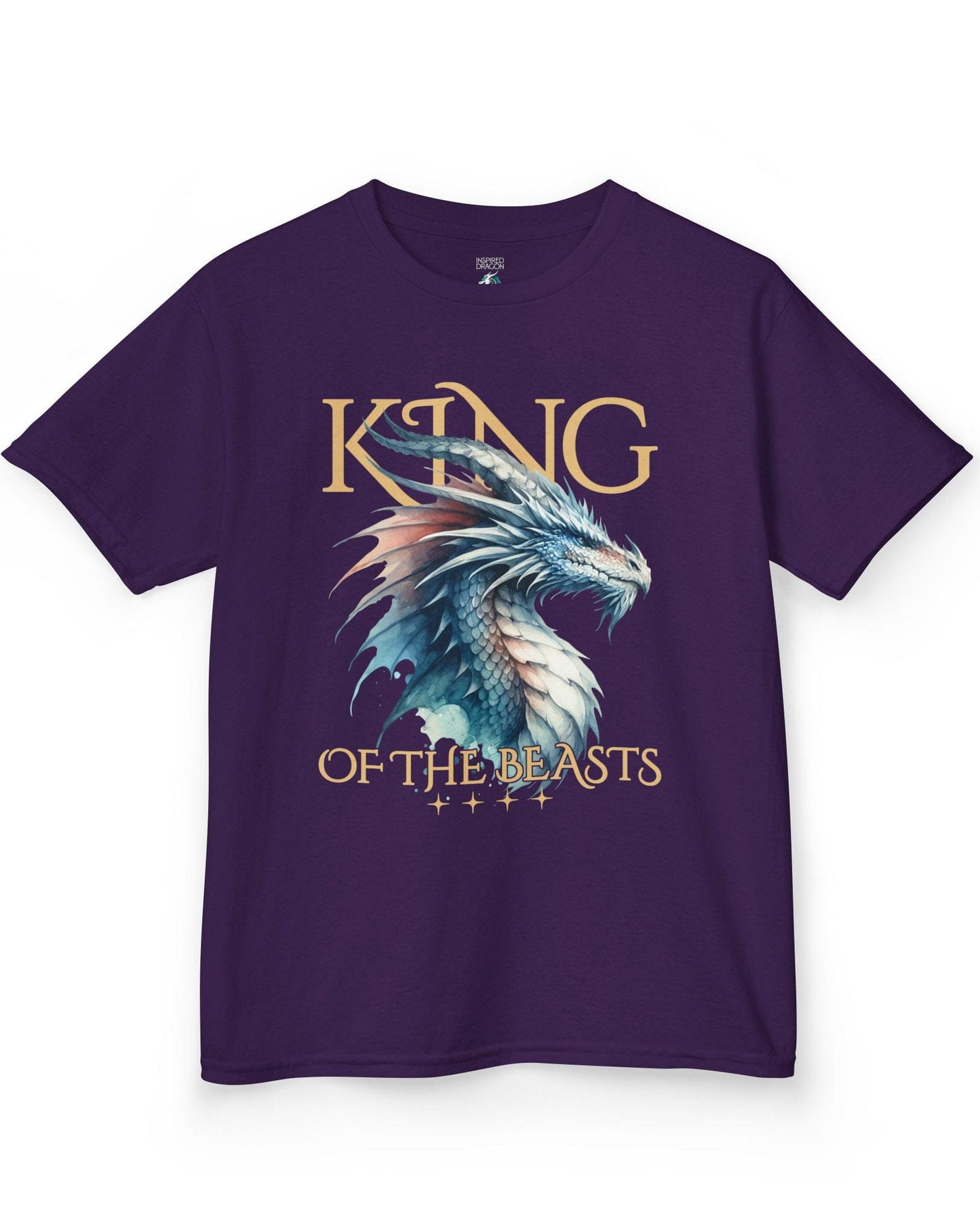 King of the Beasts shirt in purple featuring a regal blue and white dragon in watercolor style.