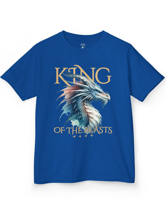 King of the Beasts shirt in royal blue featuring a regal blue and white dragon in watercolor style.