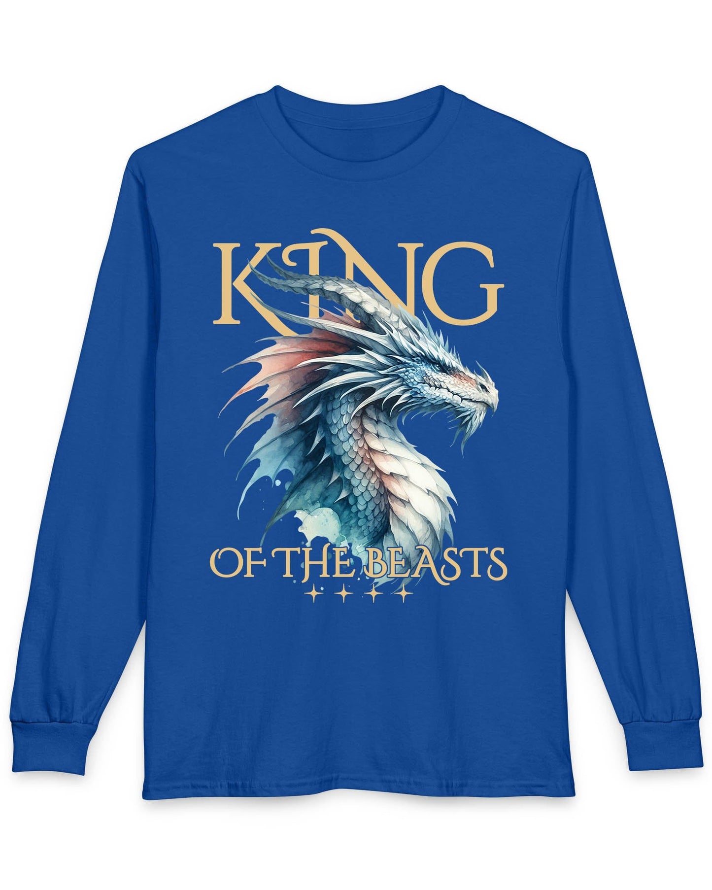 King of the Beasts shirt in royal blue featuring a regal blue and white dragon in watercolor style