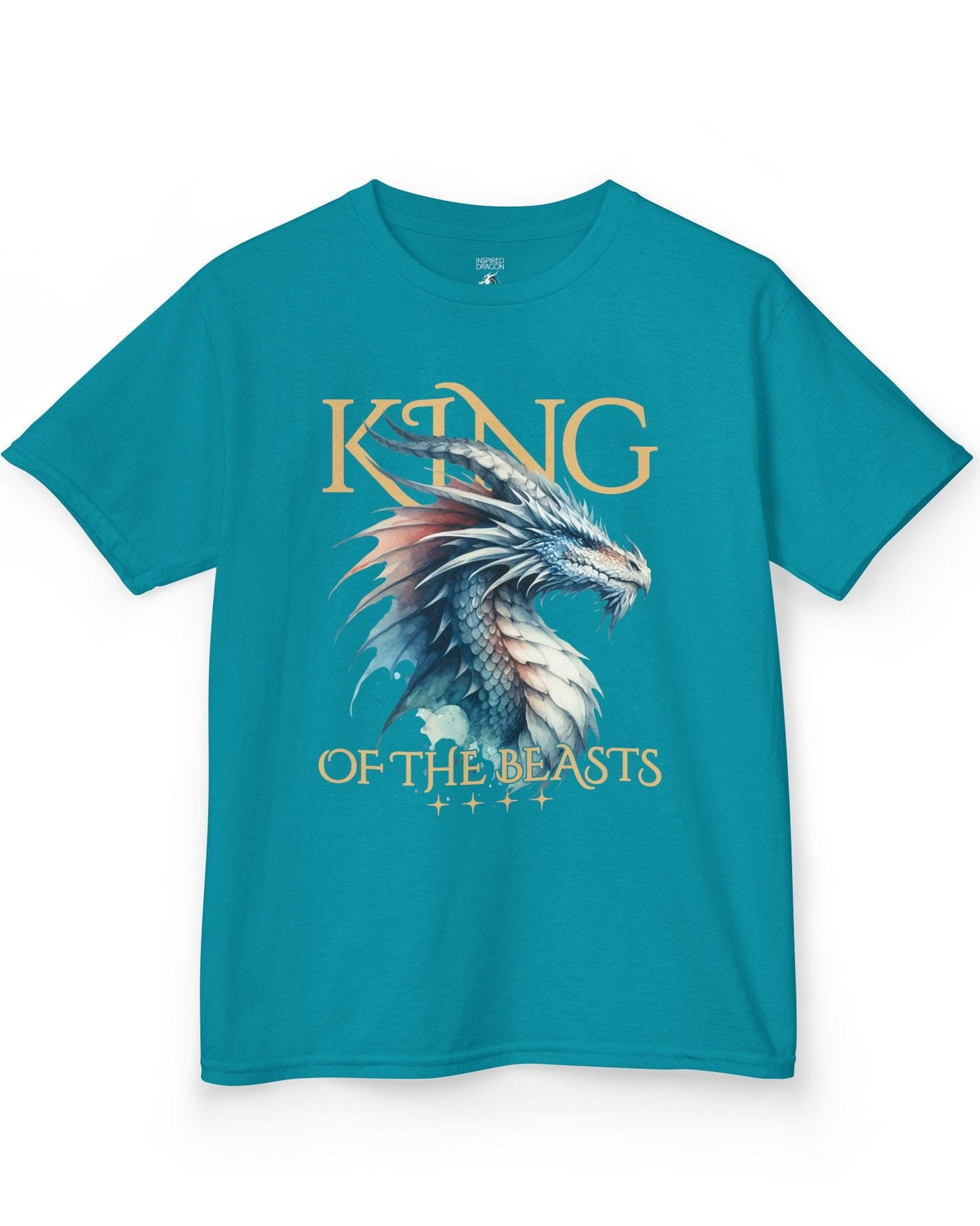 King of the Beasts shirt in tropical blue featuring a regal blue and white dragon in watercolor style.